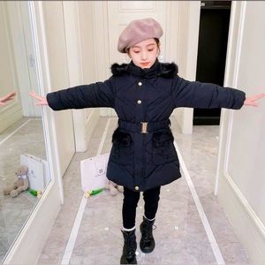 Winter warm girls padded jacket removable hoodie long thick coat+belt overcoat